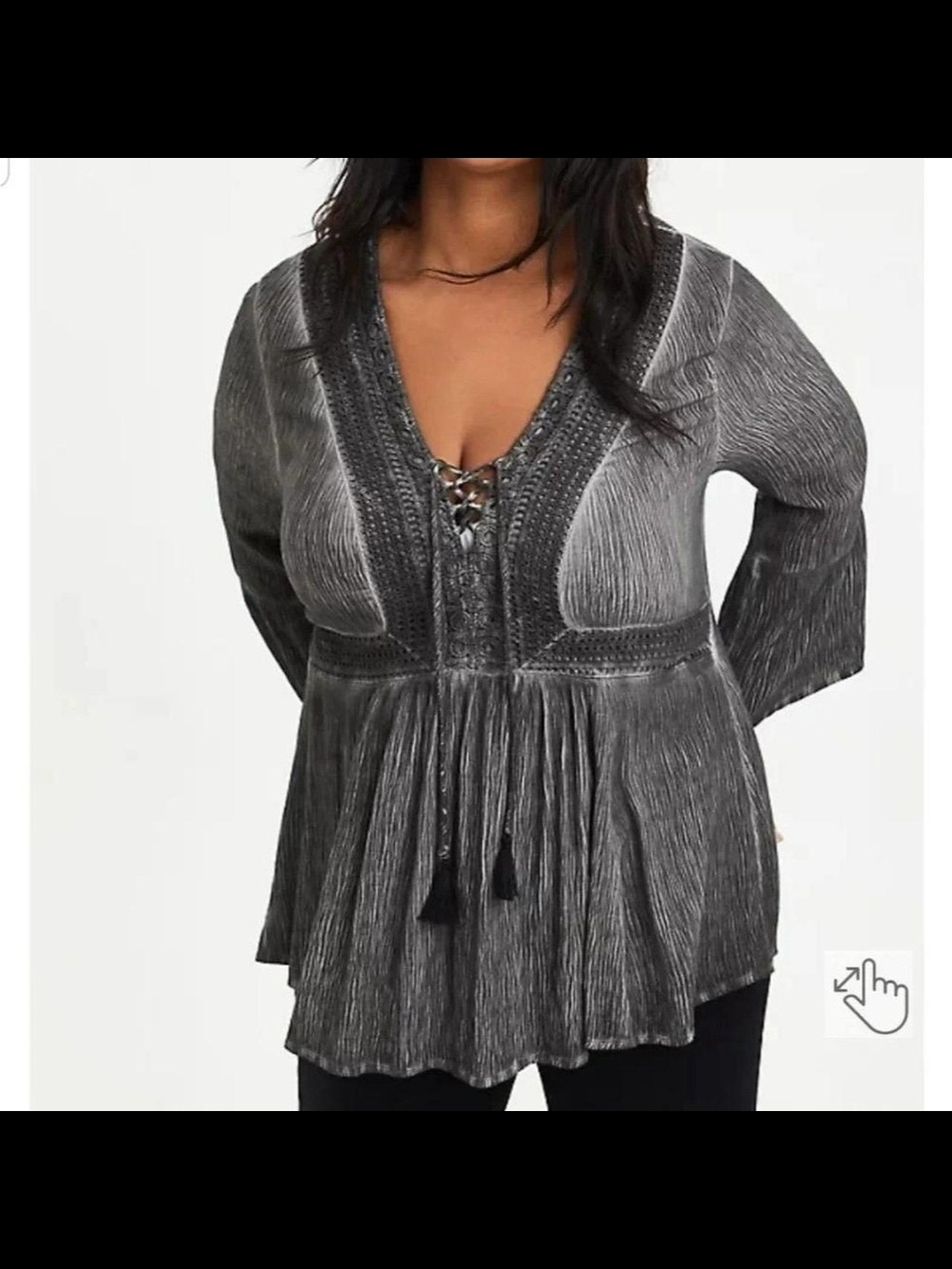 Women's Torrid Grey Crinkle Peasant Top with Lace-Up Neckline